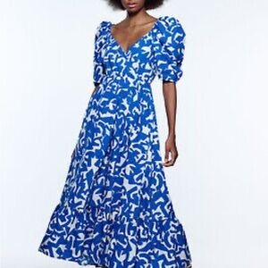 Zara Blue and White Tiered Midi Dress with Puff Sleeves